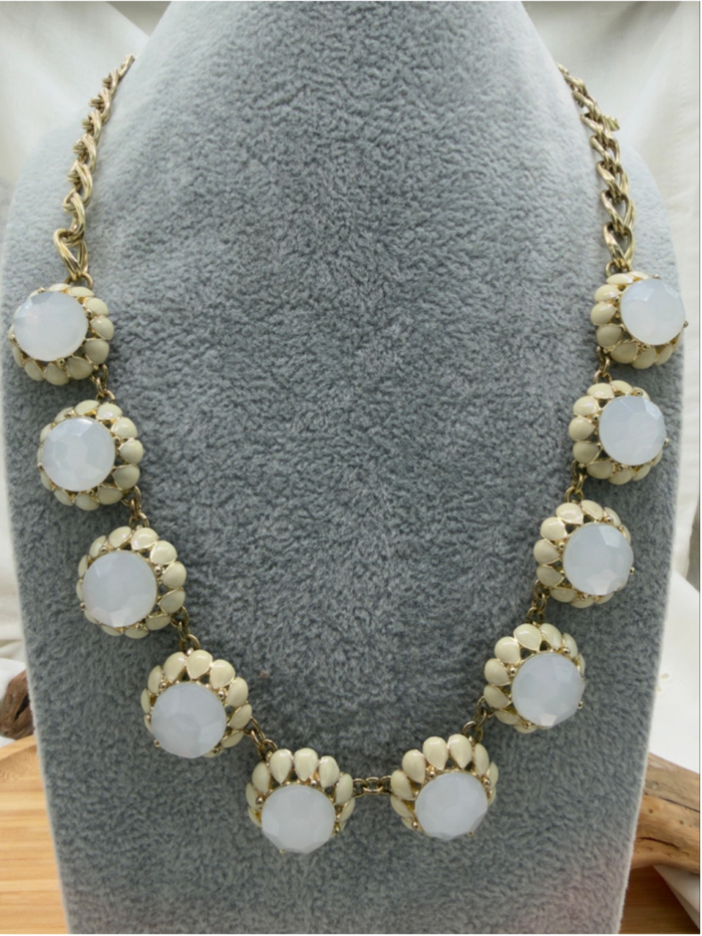 Cream White Faceted Statement Necklace Gold Tone